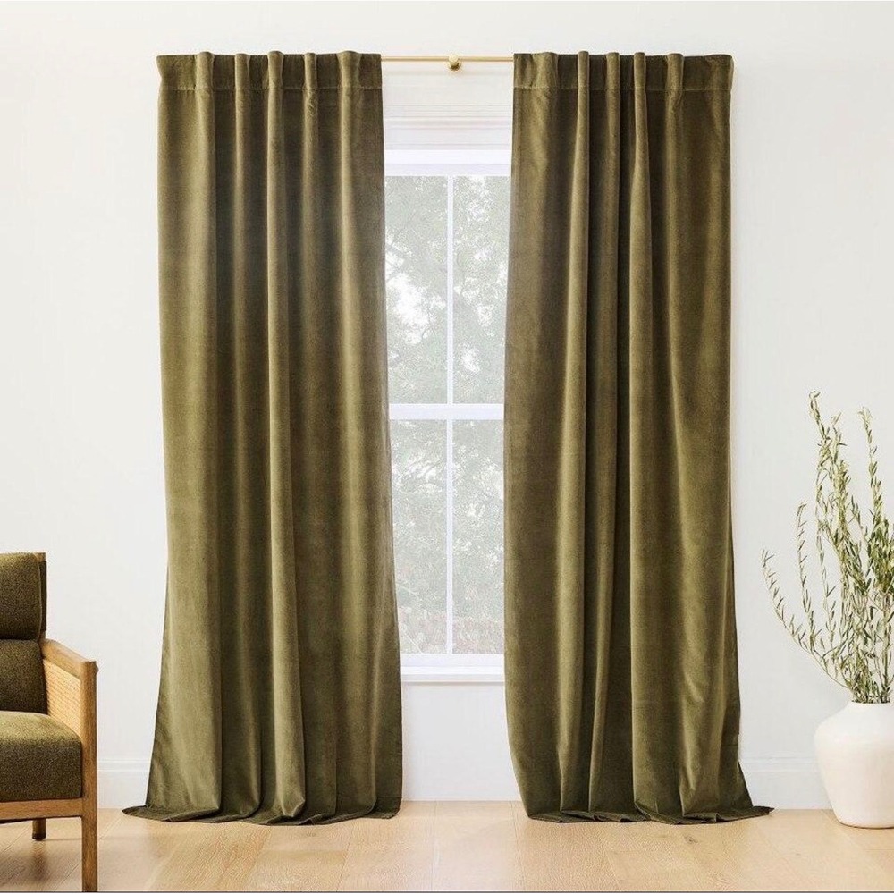 West Elm Home Olive Green Luster Velvet Glam Single Curtain Panel 48x84